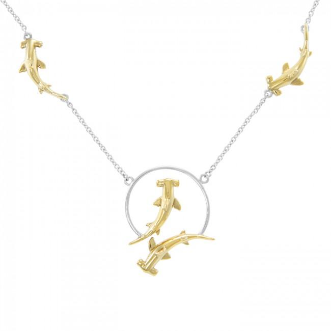 Quadruple Hammerhead Shark Silver and Gold Necklace