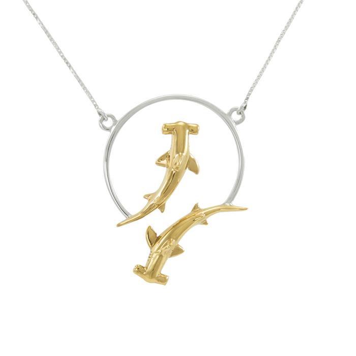 Double Hammerhead Shark Silver and Gold Necklace