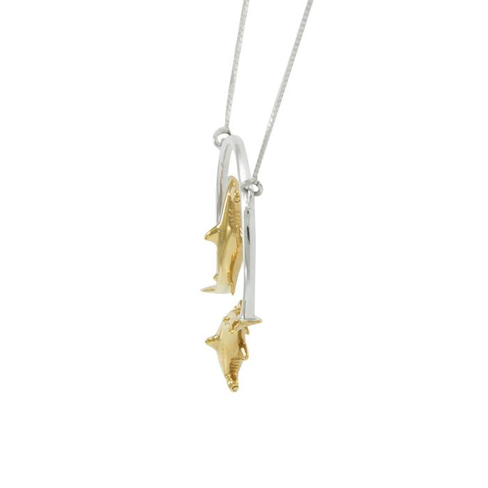 Double Hammerhead Shark Silver and Gold Necklace