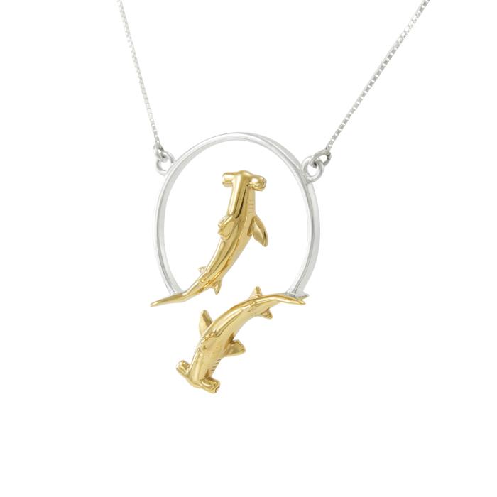 Double Hammerhead Shark Silver and Gold Necklace