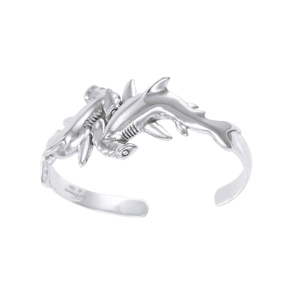 Double Hammerhead Shark Silver Cuff Bracelet