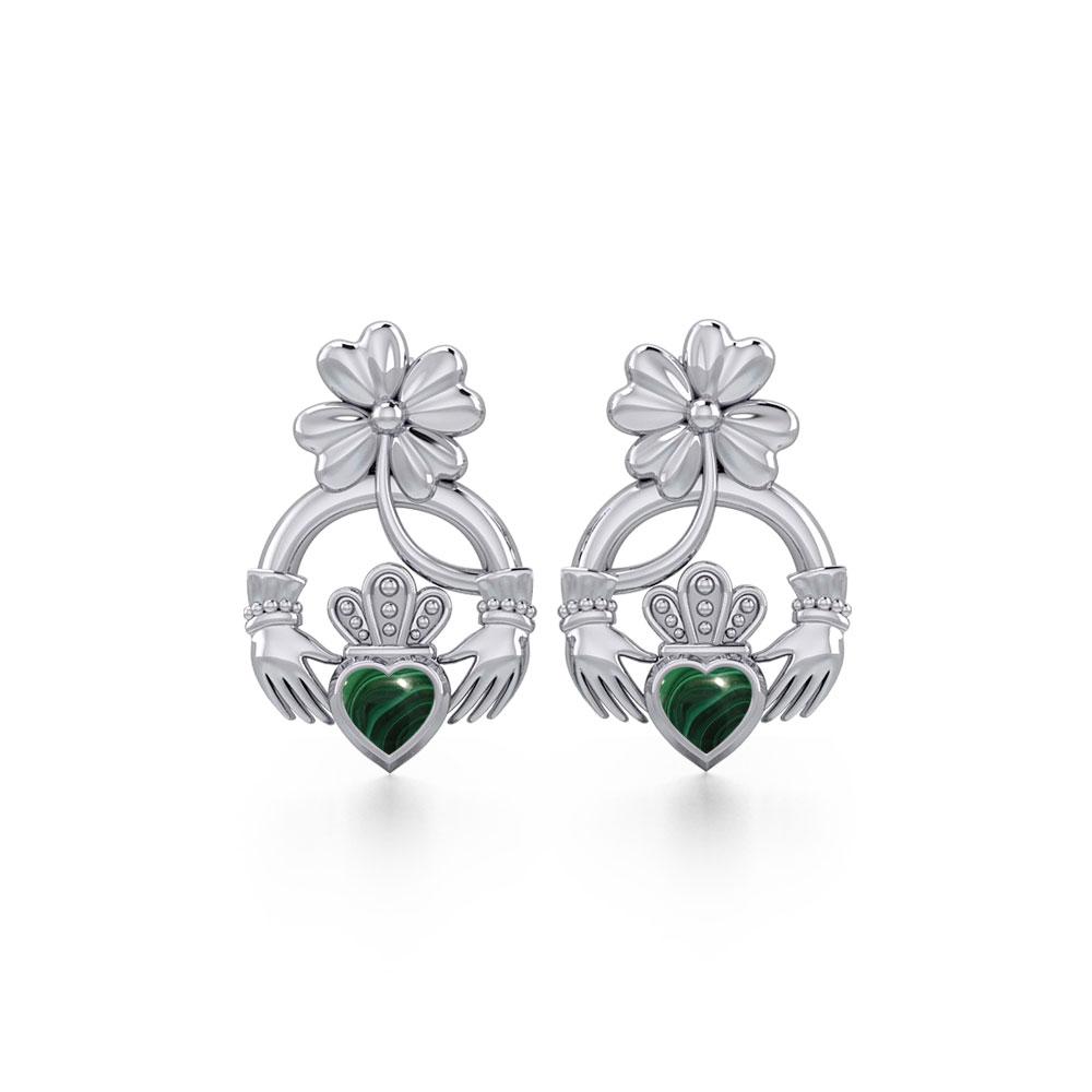 Lucky Four Leaf Clover on Claddagh Silver Post Earrings with stone