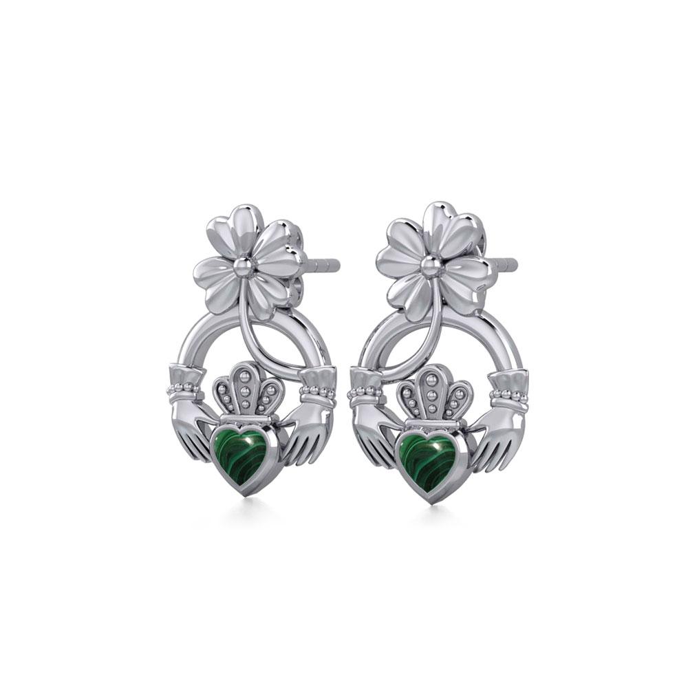 Lucky Four Leaf Clover on Claddagh Silver Post Earrings with stone