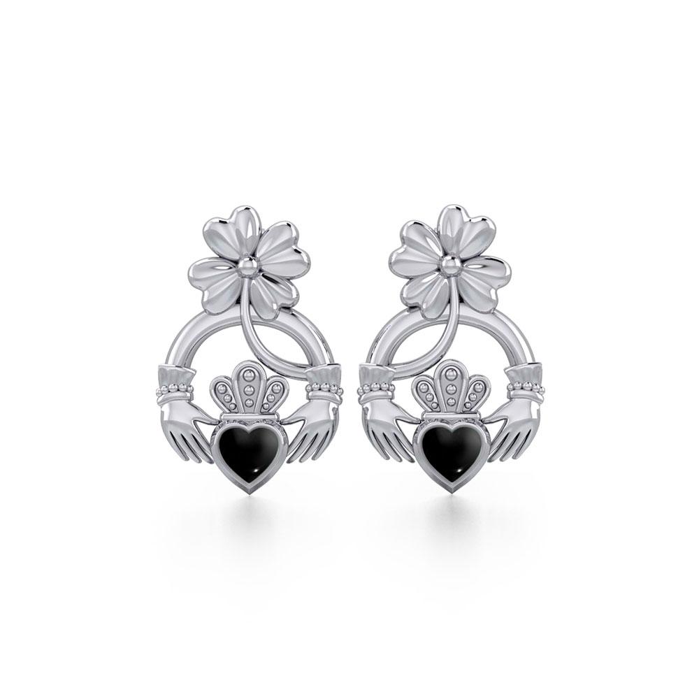 Lucky Four Leaf Clover on Claddagh Silver Post Earrings with stone