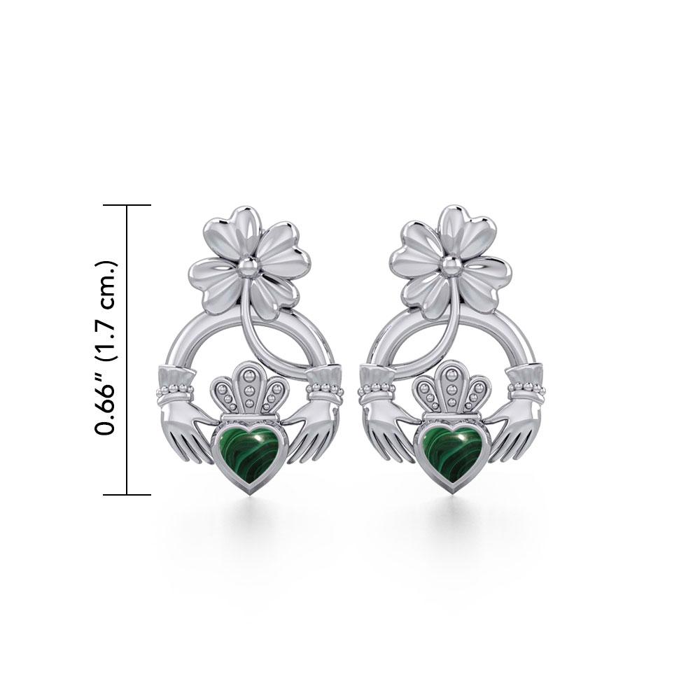 Lucky Four Leaf Clover on Claddagh Silver Post Earrings with stone