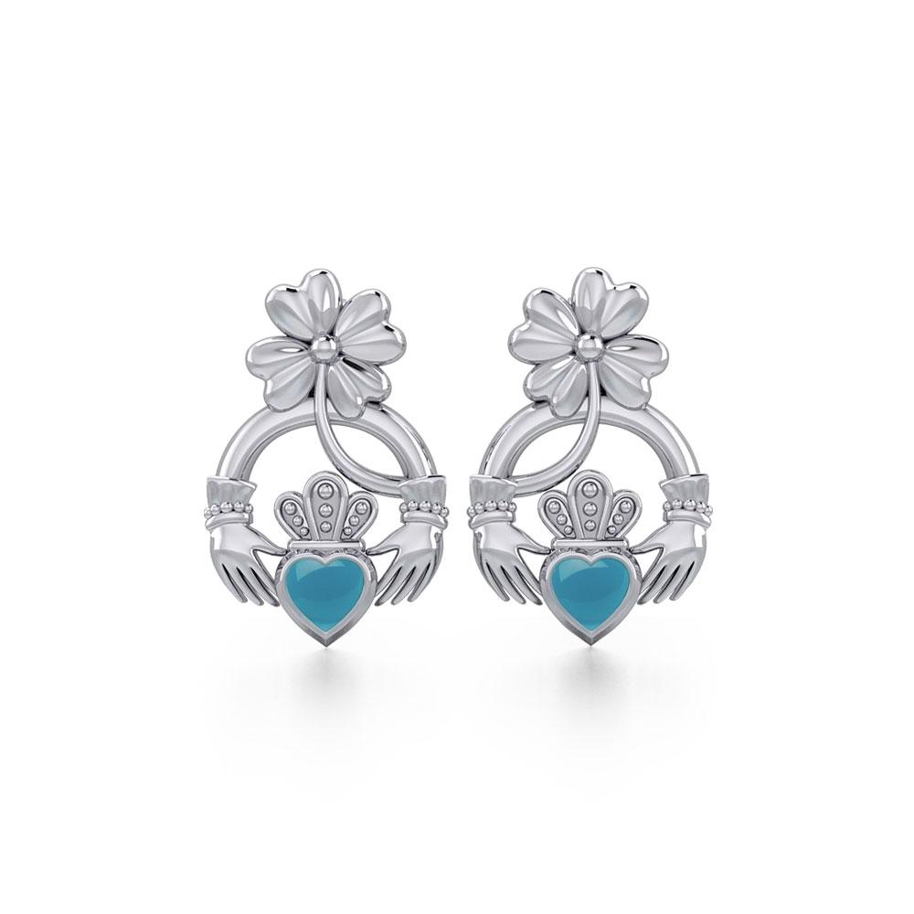 Lucky Four Leaf Clover on Claddagh Silver Post Earrings with stone