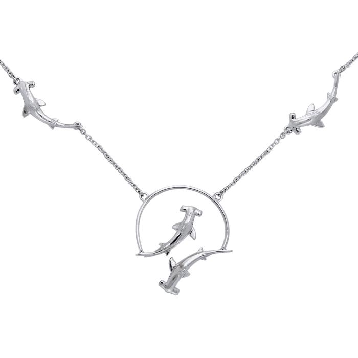 Quadruple Hammerhead Shark Silver Necklace