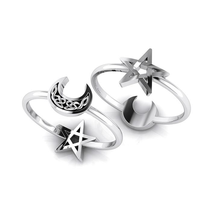 Celtic Crescent Moon and Star Sterling Silver 2 in 1 Ring