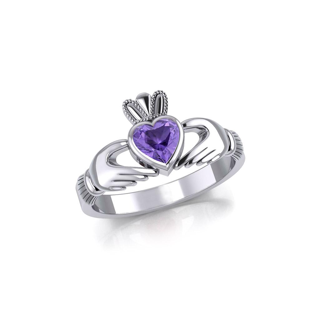 Irish Claddagh Silver Ring with Large Gemstone