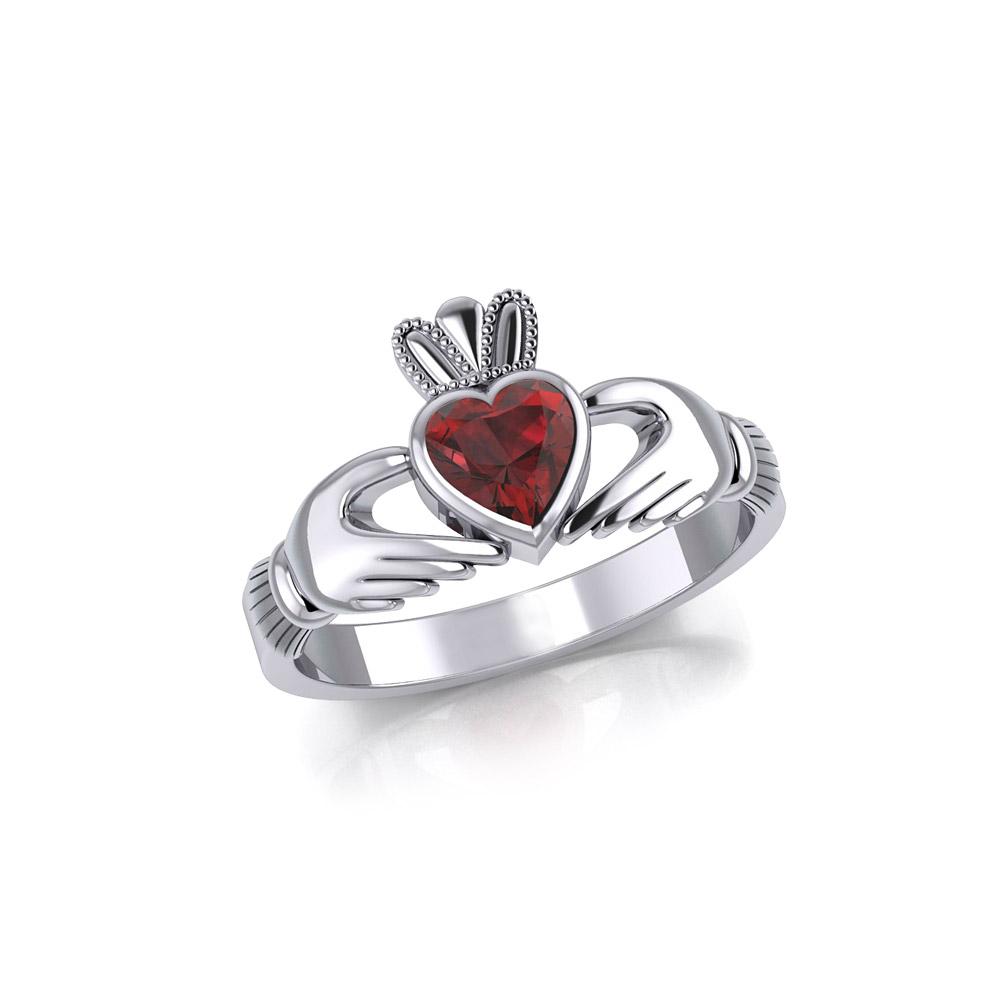 Irish Claddagh Silver Ring with Large Gemstone