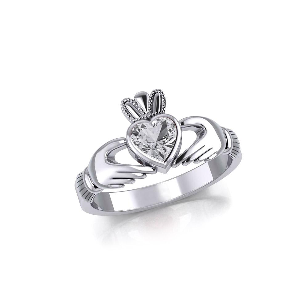 Irish Claddagh Silver Ring with Large Gemstone