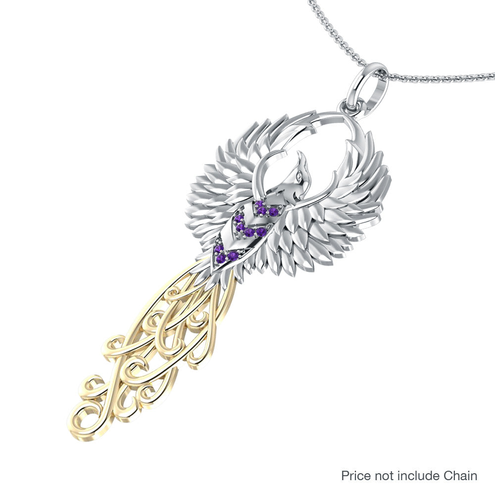 The Rise of the Mystical Fire Bird Sterling Silver and 14 Kt Gold Pendant