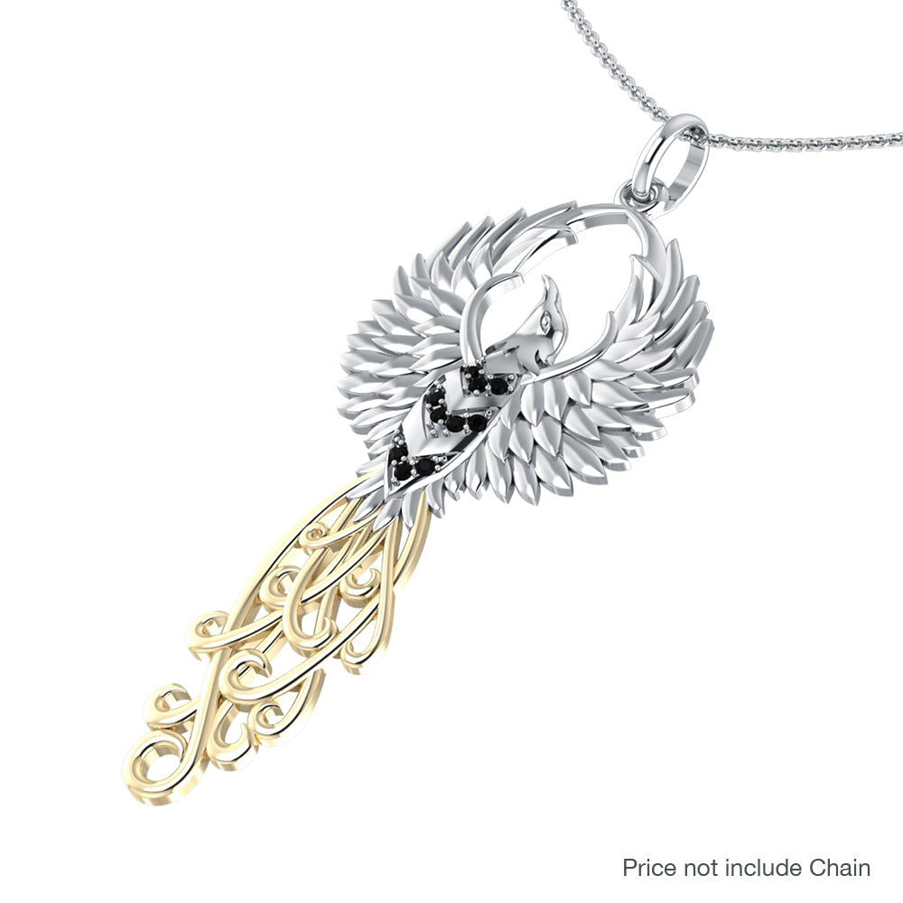 The Rise of the Mystical Fire Bird Sterling Silver and 14 Kt Gold Pendant