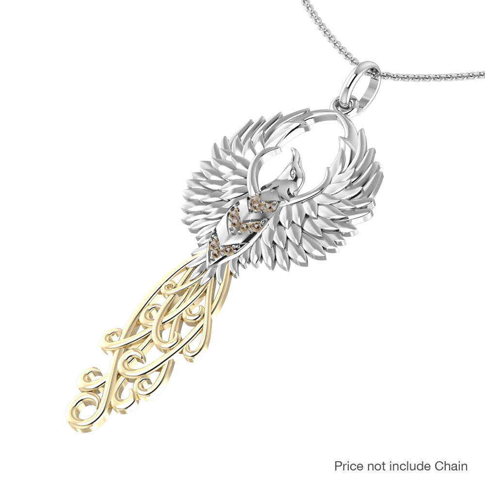 The Rise of the Mystical Fire Bird Sterling Silver and 14 Kt Gold Pendant