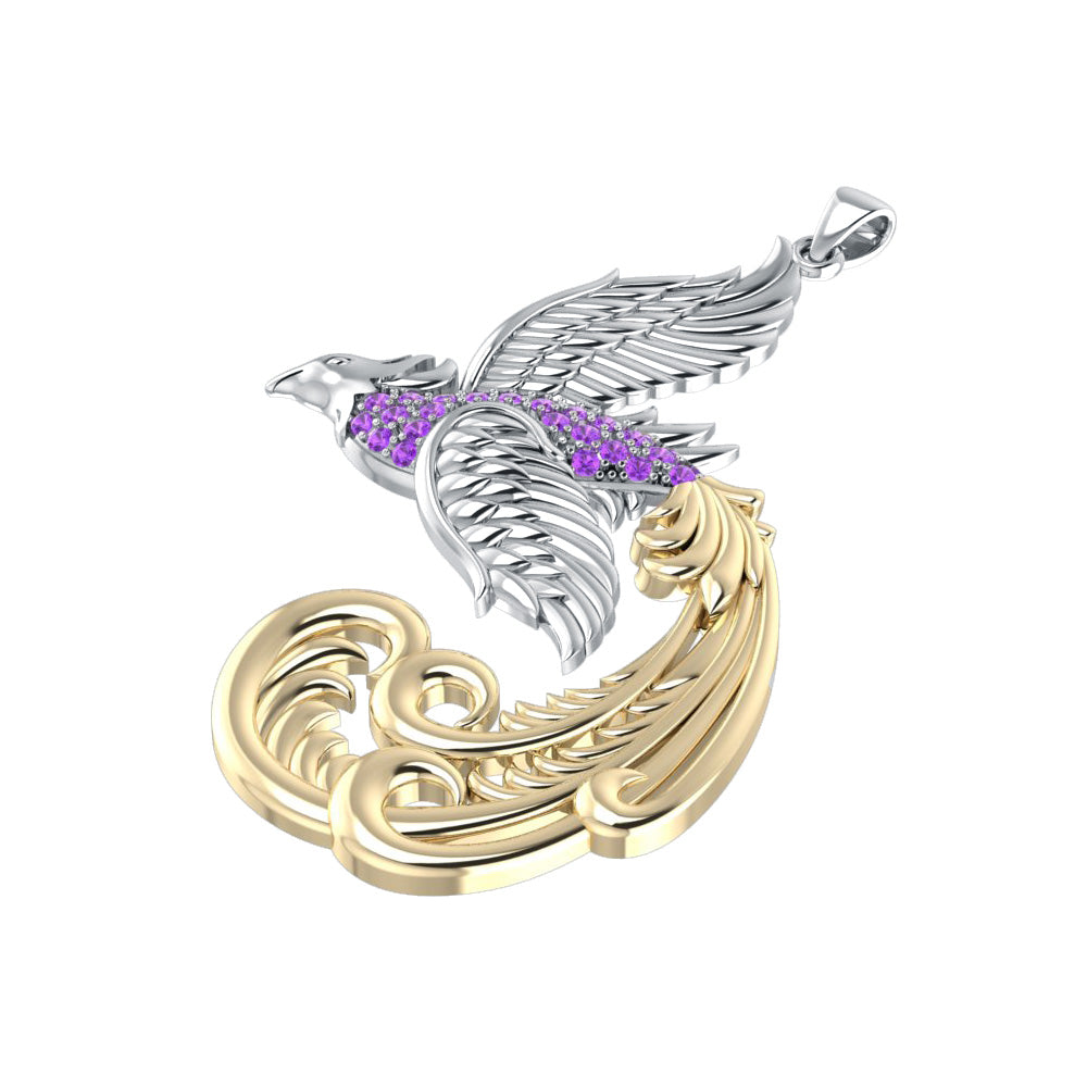 Multifaceted and Alighting Phoenix ~ Sterling Silver Jewelry Pendant with 18k Gold and Crystal Accents