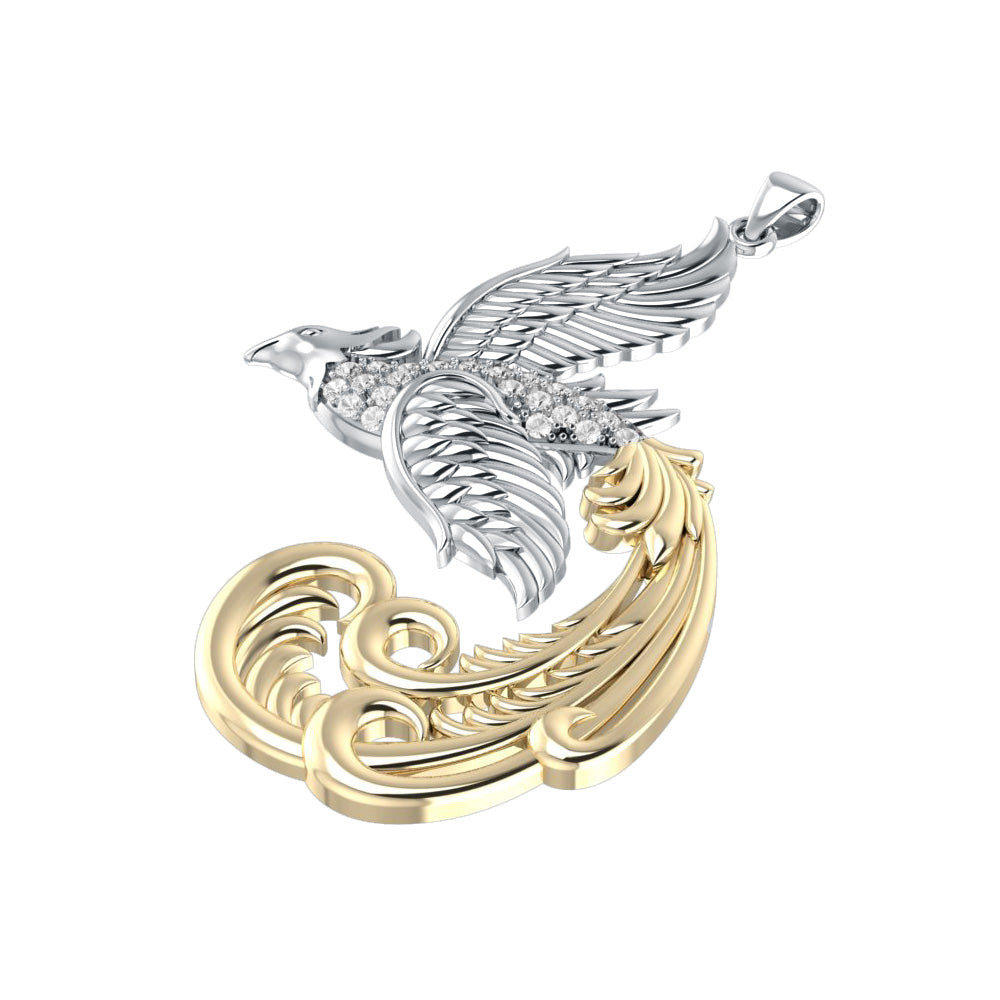 Multifaceted and Alighting Phoenix ~ Sterling Silver Jewelry Pendant with 18k Gold and Crystal Accents