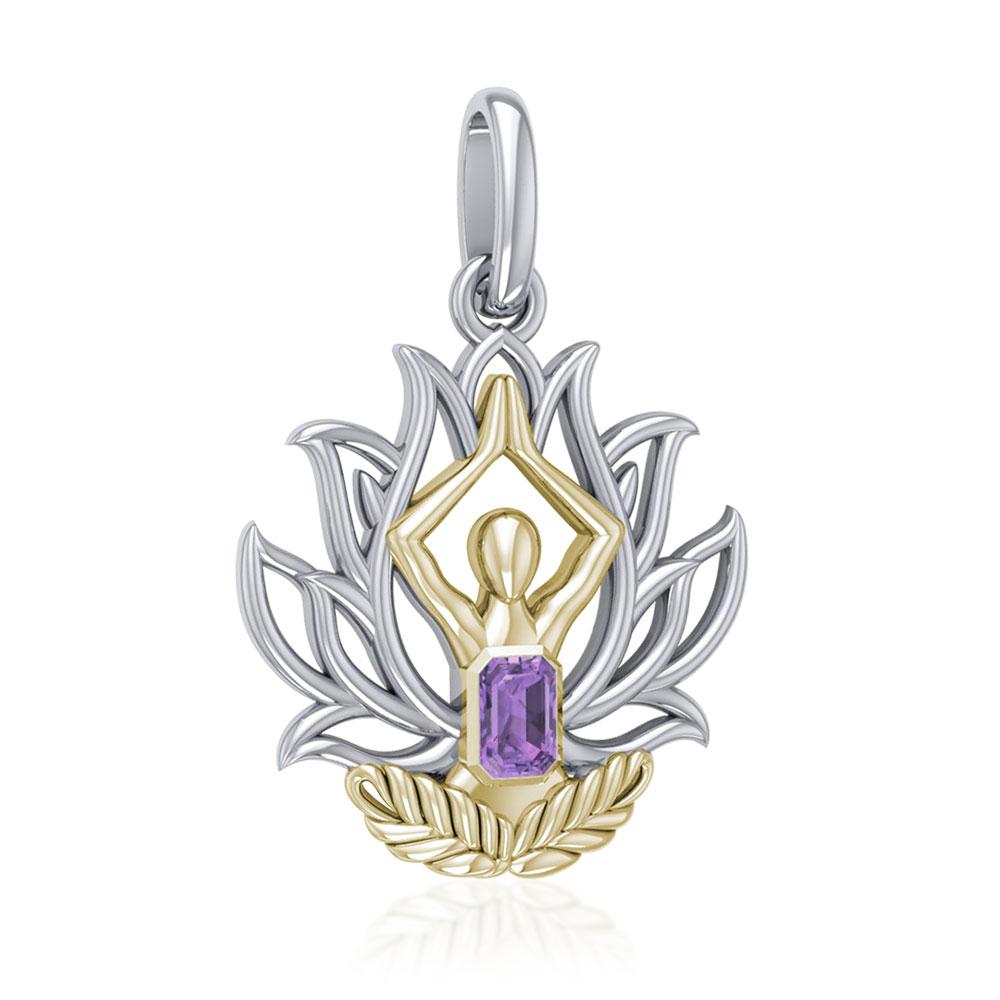 Yoga Lotus Position Silver and Gold Pendant with Gemstone