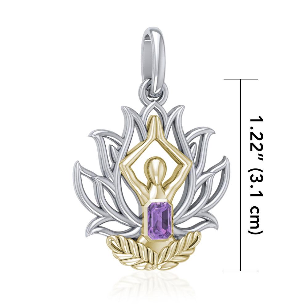 Yoga Lotus Position Silver and Gold Pendant with Gemstone