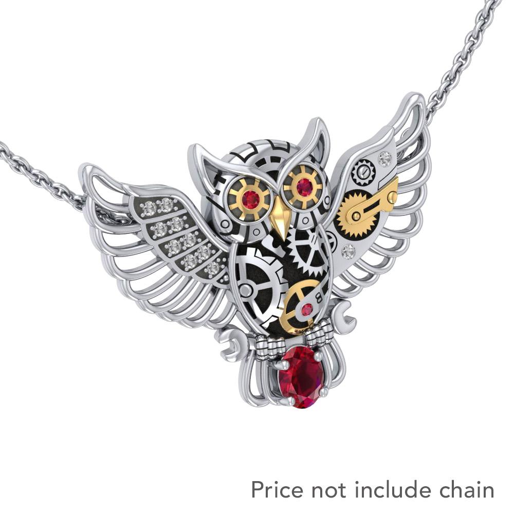 Steampunk Owl Silver and Gold Pendant with Gemstone