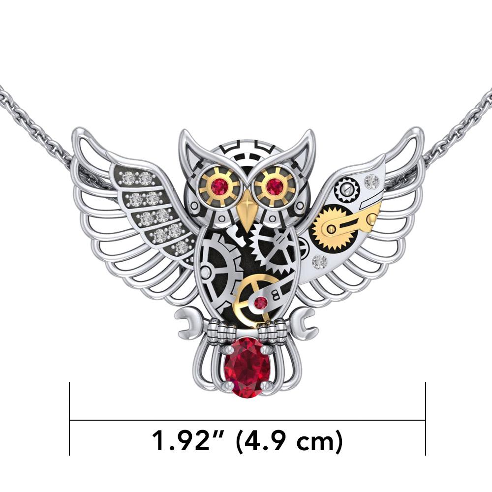 Steampunk Owl Silver and Gold Pendant with Gemstone