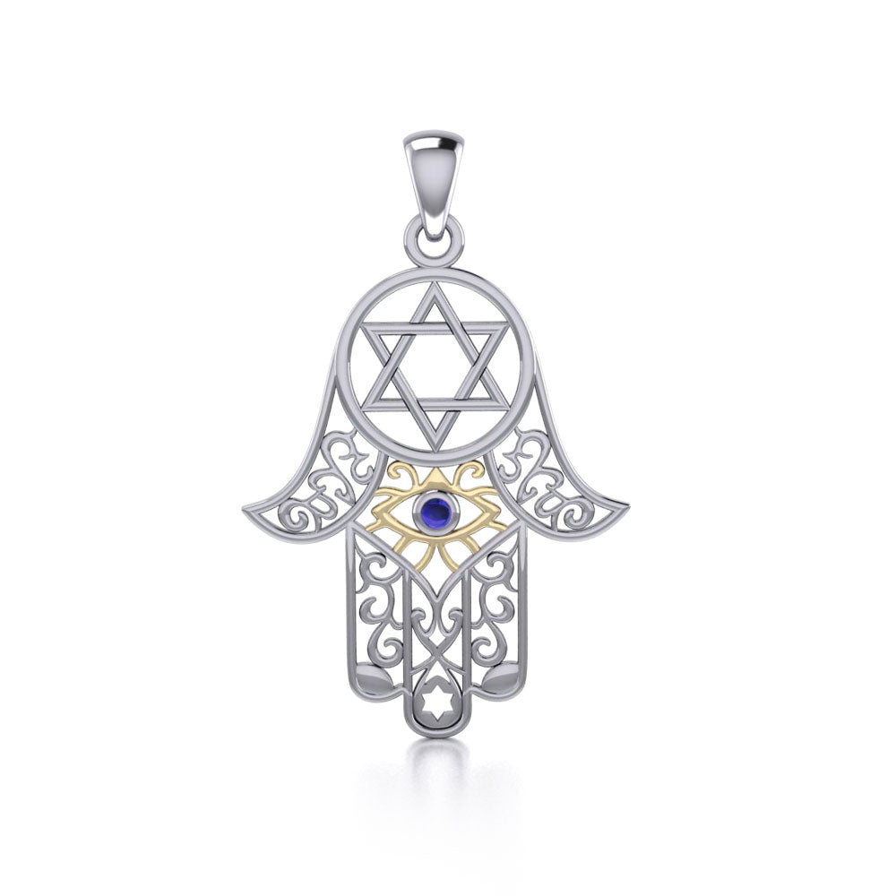 Hamsa Silver and Gold Pendant with Gemstone