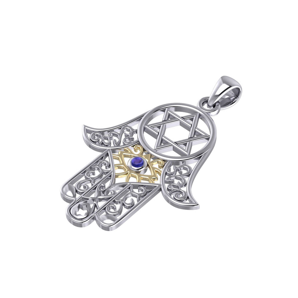 Hamsa Silver and Gold Pendant with Gemstone