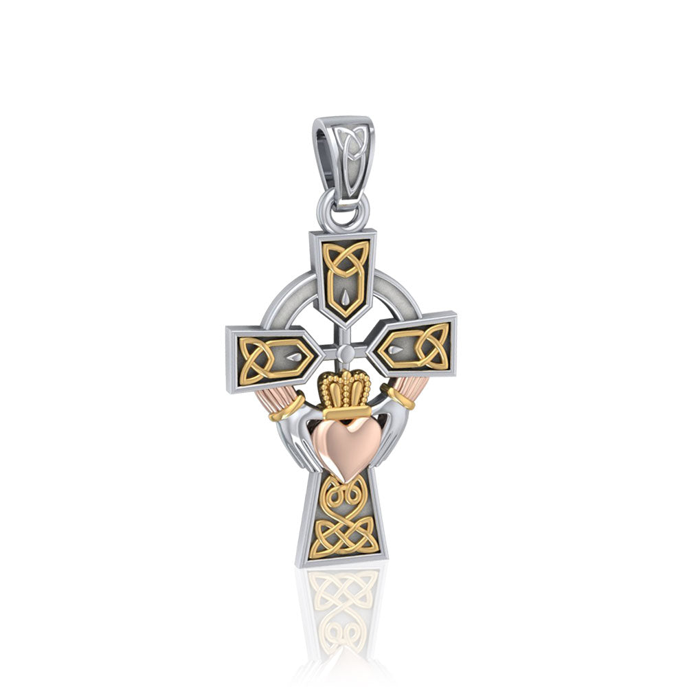 Celtic Cross and Irish Claddagh Three Tone Pendant