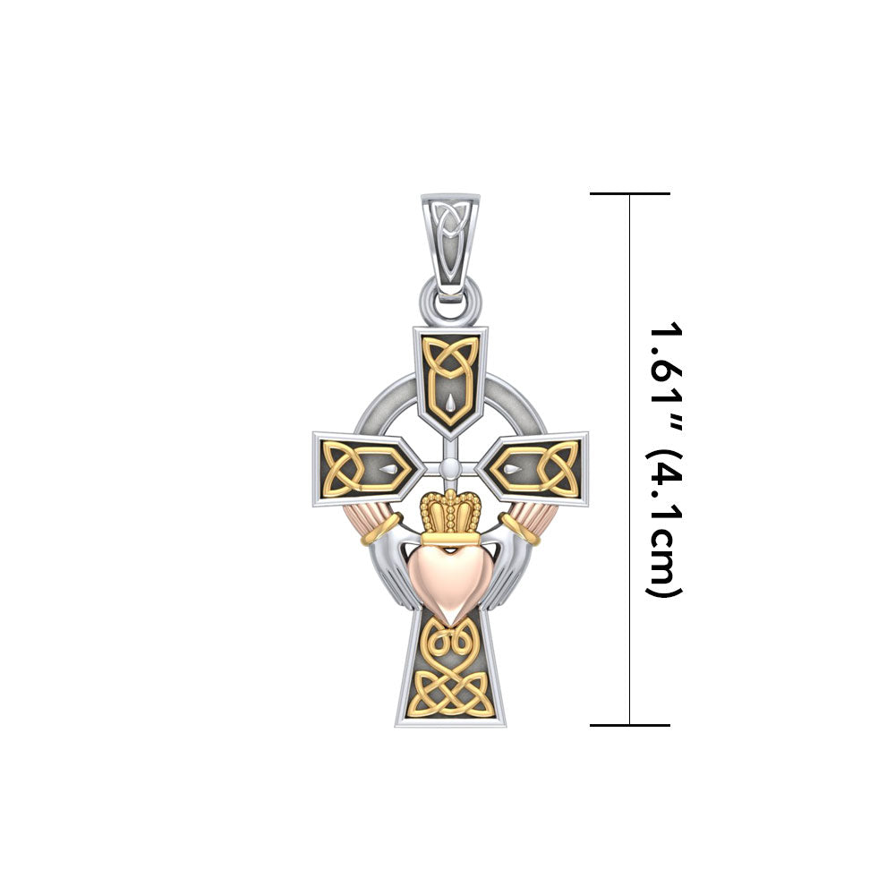 Celtic Cross and Irish Claddagh Three Tone Pendant