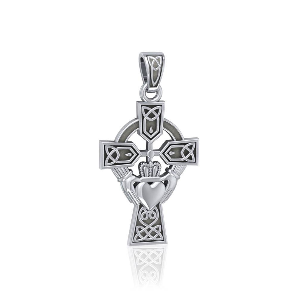 Celtic Cross and Irish Claddagh Silver Pendant